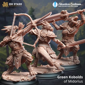 May include: Three miniature figurines of green kobolds, a fantasy creature, in various poses. One kobold holds a bow and arrow, another holds a sword, and the third holds a shield. The figurines are painted in a light brown color and are set against a green and brown background. The text "Green Kobolds of Midorius" is printed below the figurines.