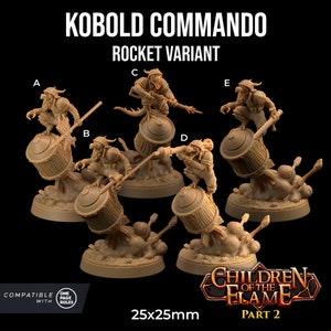 May include: Five brown plastic miniature figurines of kobold commandos riding rocket-powered barrels. The miniatures are compatible with one-page rules and are 25mm x 25mm. The miniatures are part of the Children of the Flame Part 2 collection.