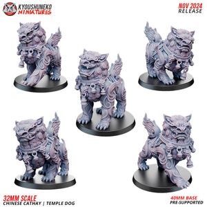 May include: Four 32mm scale, pre-supported, detailed, gray resin temple dog miniatures with ornate designs and bells.  The miniatures are posed in different positions and are ready to be painted.  The text "KYOUSHUNEKO MINIATURES" and "NOV 2024 RELEASE" is visible in the image.