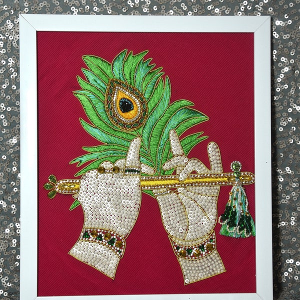 Lord Krishna Hands Flute & Feather Handmade zardozi Embroidery for wall decor