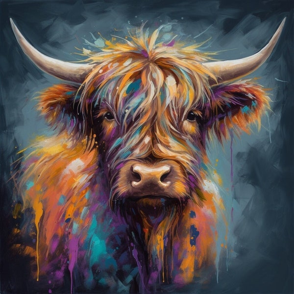 Toile Vache Highland ou impression encadrée / non encadrée. Une peinture de vache écossaise multicolore unique. Cadeaux colorés de décoration murale de ferme pour une agricultrice et une maman