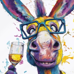 Esel mit Wein Leinwand oder Poster. Lustige Malerei Druck Tier Dekor große Küche Wandbild Regenbogen Farbe platsch, Maultier Liebhaber Geschenk, Mutter