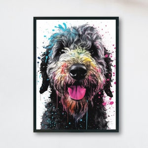 May include: A colorful painting of a dog's face with splashes of blue, pink, and yellow paint. The dog has black fur and a pink tongue sticking out.