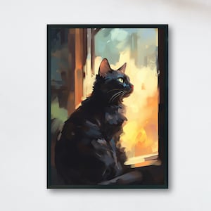 日の出の黒猫プレミアムポスタープリントフレームなし - 日没の装飾、カラフルな猫好きへのギフト、Le Chat Noir、かわいい猫の壁アート