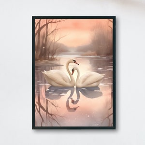 Watercolor Swan Lake Sunset Poster Print - Abstract Swan Love Painting Gift for Valentine&#39;s Day, Pink Swans colorful splatter paint art