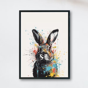 Impresión de conejo de conejito negro de acuarela abstracta - regalo de pintura de liebre colorida sin marco, arte de pared de animales arco iris multicolor, cartel de arte pop