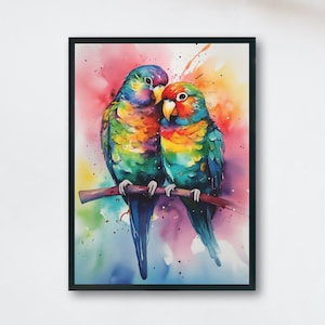 Watercolor Lovebirds Painting Print. Abstract Love Bird Gift, Valentine's Day, bird watcher picture, colorful splatter paint wall art
