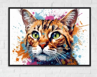 Bright Eyed Bengaalse kat aquarel Poster Print | Kleurrijk muurkunstcadeau voor kattenliefhebbers, mama of papa. Mauw!