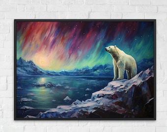 シロクマのオーロラ油絵アートワーク、高品質のマットな壁アート