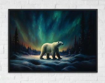 Polar Bear with Northern Lights Oil Painting Unframed Print - Wildlife Animal Wall Art for Nature Enthusiasts, Aurora Borealis Gift