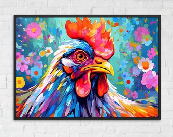 Colorful Rooster Poster. Rainbow Animal Wall Art Floral Print. chicken lover gift, farmer, mom. Nursery Print, Bedroom Bathroom Office Art