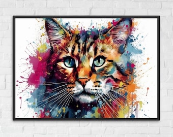 Impresión colorida del cartel de la acuarela del gato de Bengala / regalo colorido del arte de la pared para los amantes de los gatos, mamá o papá. ¡Maullar!