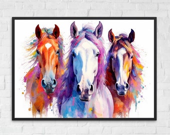 Puede incluir: Una pintura de acuarela de tres cabezas de caballos. Los caballos están mirando hacia adelante y sus crines fluyen con el viento. Los caballos están pintados en tonos de naranja, morado, rosa y blanco.