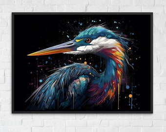 Colorful Heron Poster Print. Watercolor Great Bird Art Gift, Present for Mom, Dad. Rainbow Animal Wall Art