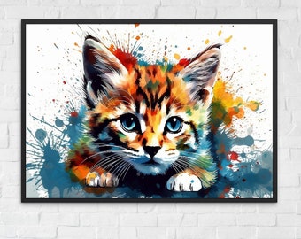 Cute Kitten Watercolor Poster Print | Colourful Wall Art Gift for Cat Lovers, Mom or Dad. Meow!