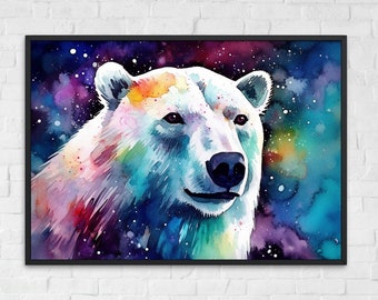 Könnte beinhalten: Ein Aquarellbild eines Eisbärenkopfes vor einem farbenfrohen Galaxie-Hintergrund. Das Fell des Bären ist weiß und der Hintergrund ist eine Mischung aus Blau, Lila, Rosa und Gelb.