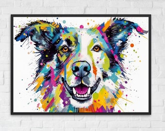 Happy Border Collie Watercolor Poster Print - Pop Art Wall Art Gift for Dog Lover, Farmer, Cute Fun Sheep Dog Painting, Quality Matte Paper