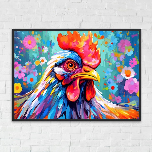Affiche colorée de coq. Art mural animal arc-en-ciel, imprimé floral. Cadeau pour amateur de poulet, agriculteur, maman. Impression de chambre d'enfant, oeuvre d'art pour le bureau de la salle de bain de la chambre à coucher