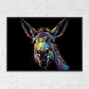 Happy Rainbow Donkey Premium Print - Unframed Pop Art Style Poster - Wildlife Animal Wall Art, Farm Animal, Farmer Gift