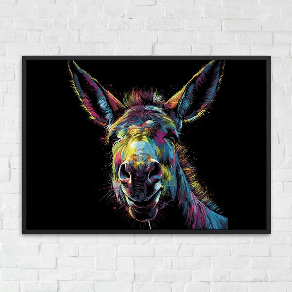 Impression premium âne heureux arc-en-ciel - affiche de style Pop Art sans cadre - art mural animaux sauvages, animaux de la ferme, cadeau paysan