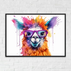 Llama de acuarela con gafas, impresión divertida, cartel de pintura de arte de pared de animales coloridos, regalo de granjero, decoración de granja de alpaca