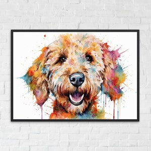 Watercolor Labradoodle Goldendoodle Poster Print. Colorful Wall Art Painting Gift for Dog Lovers, Doodle Mom Dad. Watercolour splatter paint