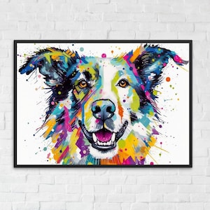 Happy Border Collie acuarela cartel impresión - arte pop pared arte regalo para amante de los perros, granjero, linda pintura de perro oveja divertida, papel mate de calidad