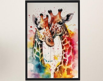Watercolor Giraffe Couple Painting Print. Abstract Valentine's Day Gift, safari picture, colorful splatter paint anniversary wall art
