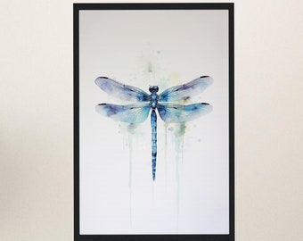 Watercolor Dragonfly Print. Watercolour Boho Navy Blue Dragon Fly Painting, Wall Decor Gifts, Animal Wall Art, Picture Poster Paint Splash