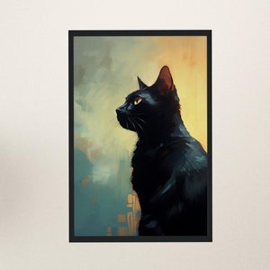 黒猫のファインアートフレームなしポスタープリント - 夕焼けの装飾、カラフルな猫好きへのギフト、Le Chat Noir、かわいい猫の壁アート