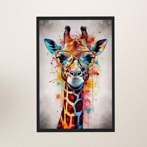 Póster de jirafa con gafas en acuarela - Decoración de safari, regalo de pintura mural de animales coloridos, arte pop de acuarela arcoíris