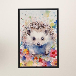 Impresión de pintura abstracta de erizo de acuarela - Regalo de cartel floral colorido feliz, lindo bicho del bosque del jardín, arte de pared colorido multicolor