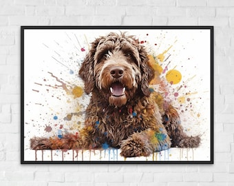 Chocolate Labradoodle / Goldendoodle Poster Print. Watercolor Painting Gift for Dog Lovers, Picture for Doodle Mom, Dad. Abstract Wall Art