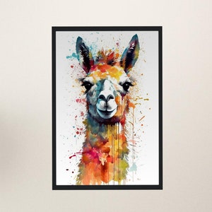 Llama de acuarela - Impresión de póster de pintura premium sin marco multicolor - Arte de pared de animales, decoración de granja divertida, regalo de granjero colorido