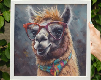Adorable Llama with Gasses - Multicolor Unframed Premium Painting Poster Print - Animal Wall Art, Funny Farm Decor, Colorful Farmer Gift