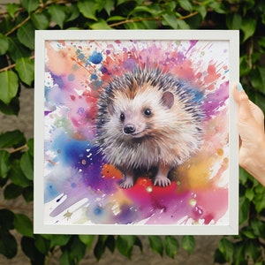 Impresión de arte de erizo colorido abstracto, cartel de pintura de acuarela, regalo de criatura de jardín multicolor, arte de pared de animales arcoíris