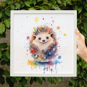 Póster de pintura multicolor con estampado de erizo en acuarela abstracta de criatura del jardín. Regalo para mamá, Rainbow Animal Wall Art