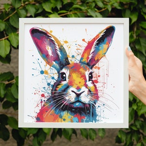 Impressão abstrata de coelho em aquarela - presente de pintura de lebre colorida sem moldura, arte de parede de animal arco-íris multicolorido, pôster de arte pop