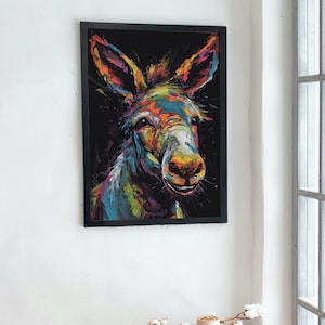 Happy Rainbow Donkey Premium Print - Unframed Pop Art Style Poster - Wildlife Animal Wall Art, Farm Animal, Farmer Gift