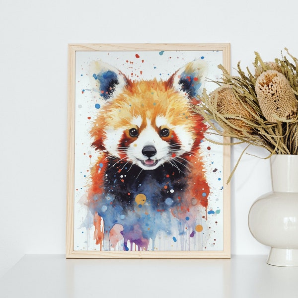 Watercolor Red Panda Poster Print - Abstract Painting Gift for mom, dad. Firefox picture, colorful lesser panda, watercolour splatter paint