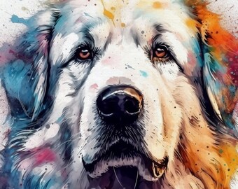 Impresión en lienzo de un majestuoso Gran Pirineo. Arte mural en acuarela, regalo para amantes de los perros, mamá y papá de los Pirineos. Pintura con salpicaduras de arcoíris y pintura.