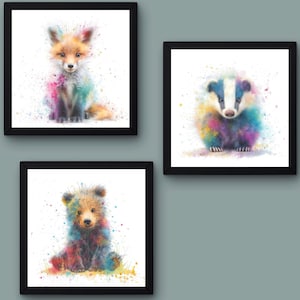 Set di 3 / 6 / 9 stampe artistiche ad acquerello di animali del bosco. Volpe, tasso, cervo, topo, coniglio, gufo, riccio, cucciolo d'orso, scoiattolo, decorazione da parete per bambini.