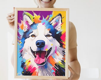 May include: A framed art print featuring a colorful illustration of a smiling husky dog. The artwork showcases vibrant splashes of blue, pink, yellow, and orange, creating a lively and cheerful aesthetic. The dog's fur is white and black.