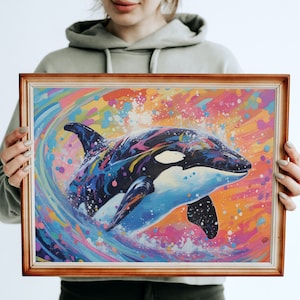 Majestic Orca at Sunset (Killer Whale) - Vibrant Unframed Premium Print - Coastal Decor Wall Art, Nature Marine Animal Sunrise Sea Life