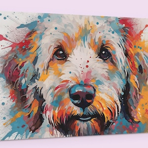Aquarel labradoodle / goldendoodle canvas. Een uniek doodle-cadeau voor mama of papa. Kleurrijke abstracte dierenprint afbeelding aan de muur. Hondenliefhebbers