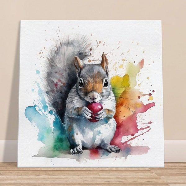 Watercolour Grey Squirrel Canvas or Framed / Unframed Print. Paint Splash Nursery Decor, Animal Wall Decor Gift, Modern Home Art, Gray