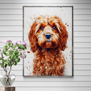 May include: A watercolor painting of a brown and white dog with a splash of color background. The dog has a curly coat and is looking directly at the viewer.