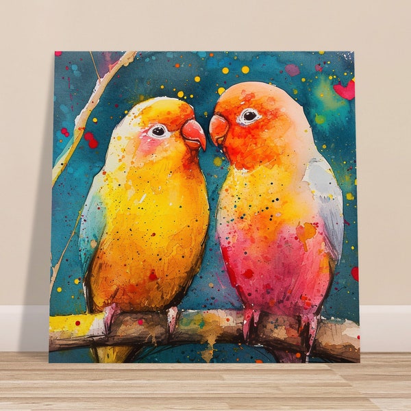 Lovebirds Painting Print on Canvas or Unframed Matte Paper. Abstract Love Bird Parrot Watercolor Wall Art Gift Colorful Bird Watcher Picture
