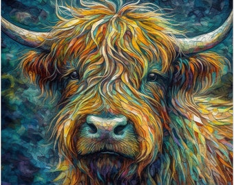Highland Cow Canvas/Print Wall Art incorniciata o senza cornice. Una mucca scozzese multicolore unica in colori astratti. Regalo di arte agricola per contadino, mamma