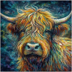 Highland Cow Canvas / Print Framed or Unframed Wall Art. A unique multi-color Scottish Cow in abstract colour. Farm art gift for farmer, mom